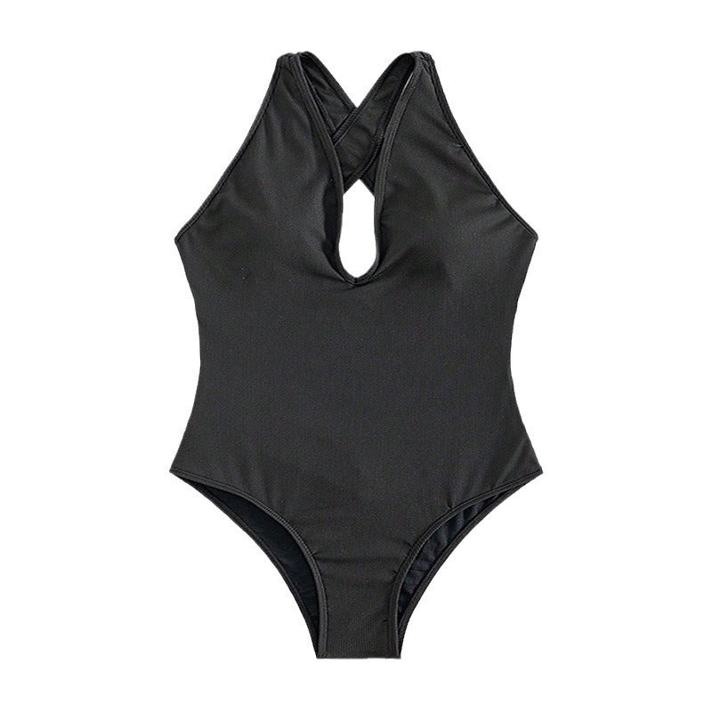 Women's one-piece swimsuit with deep V-neckline and intricate ribbed details StylebySassy