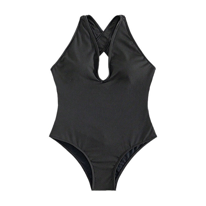 Women's one-piece swimsuit with deep V-neckline and intricate ribbed details StylebySassy