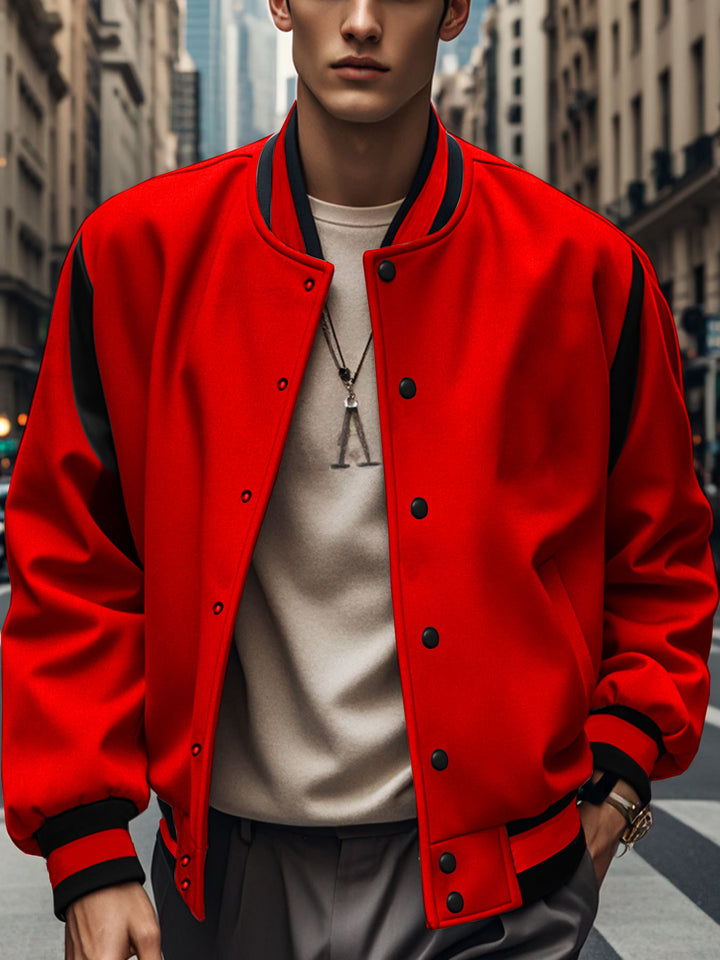 Men's lightweight college jacket in varsity look with press-stud closure, ribbed cuffs, and contrast shoulder trim StylebySassy