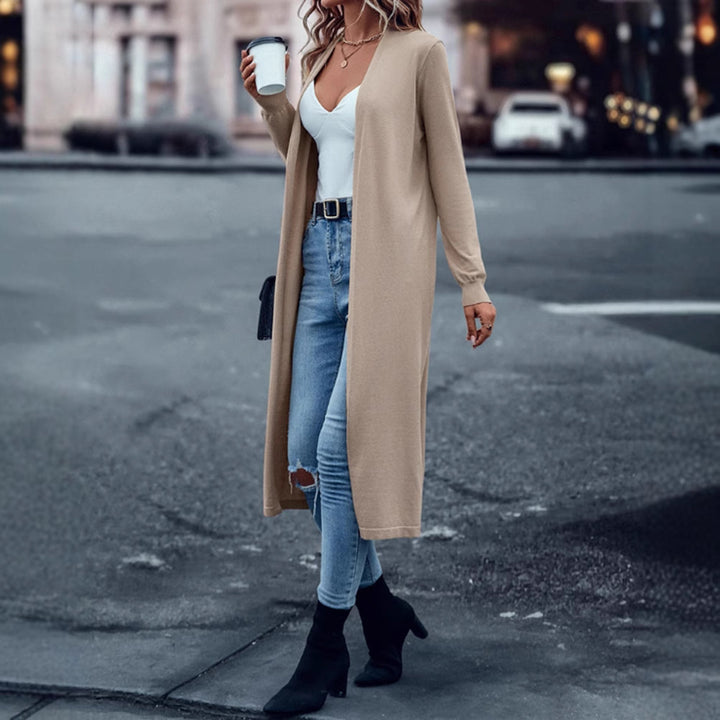Women's long fine-knit cardigan in duster style with open fall and narrow sleeve section StylebySassy