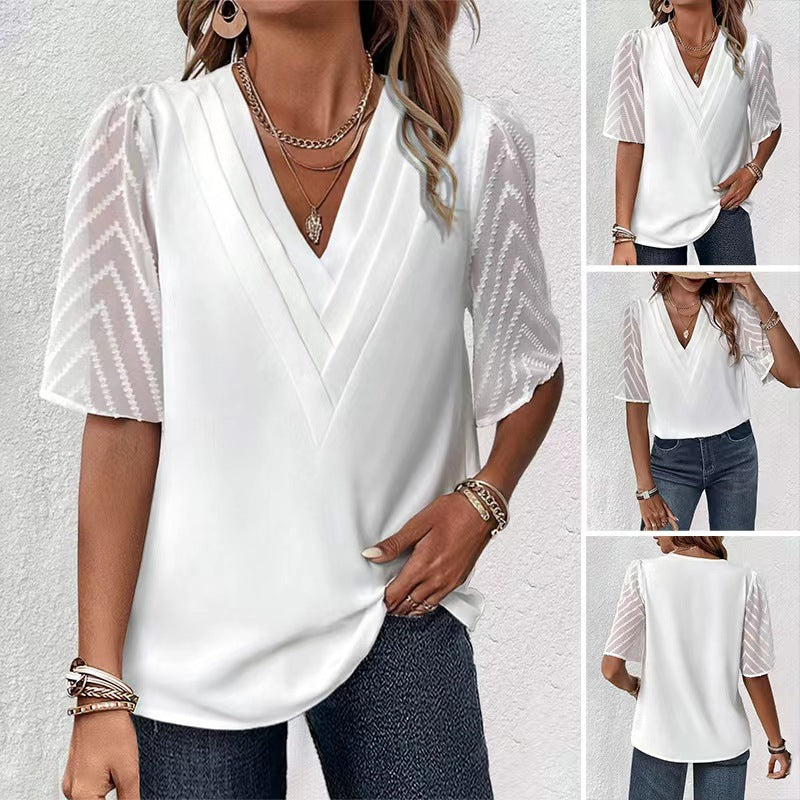 Women’s V-neck blouse with pleated yoke and transparent zigzag sleeves StylebySassy