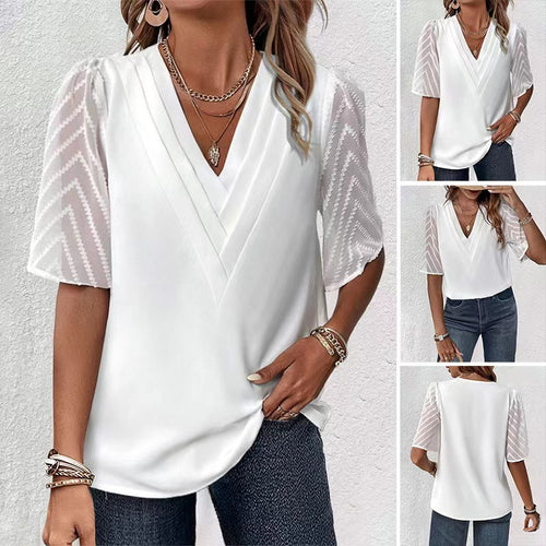 Women’s V-neck blouse with pleated yoke and transparent zigzag sleeves StylebySassy
