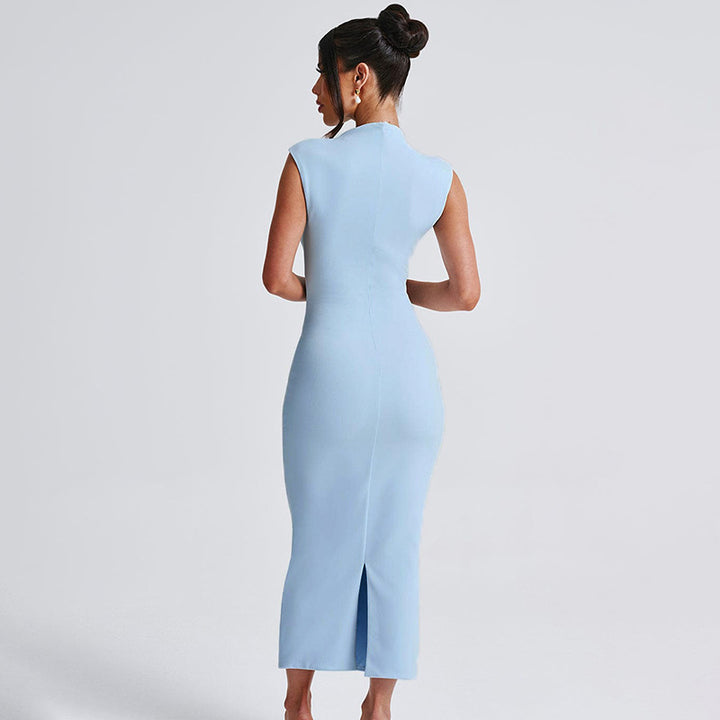 Women's fitted maxi dress with elegant stand-up collar StylebySassy