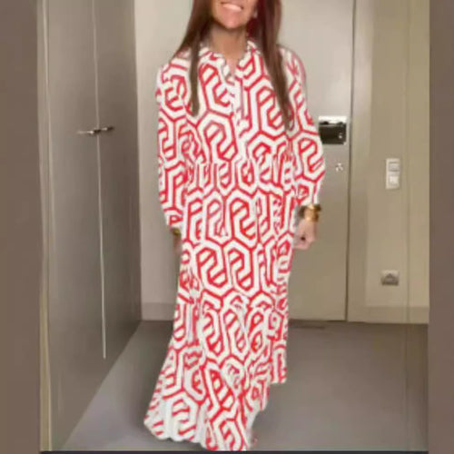 Women's long shirt collar tiered dress with geometric allover print and gathered waist yoke StylebySassy