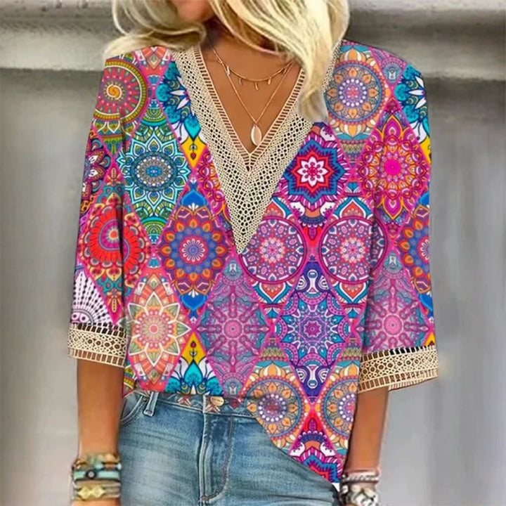 Women's nano locker falling Mandala patchwork tunic with deep V-neckline and crochet lace trim StylebySassy
