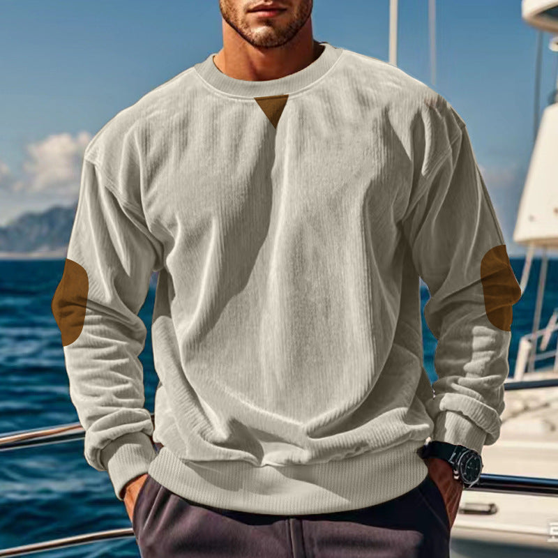 Men's ribbed knit sweater with round neckline elbow patches and decorative triangle StylebySassy