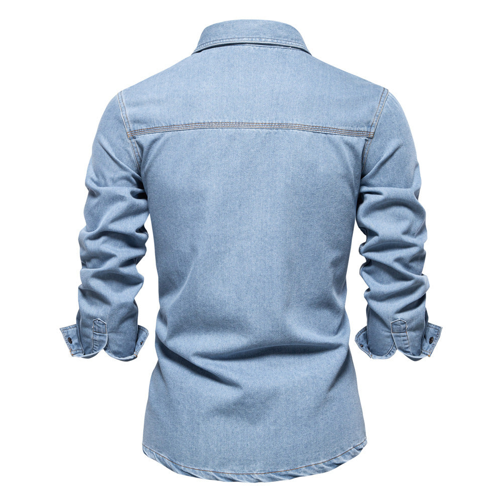 Men's light denim shirt with patch chest flap pockets and Kent collar StylebySassy
