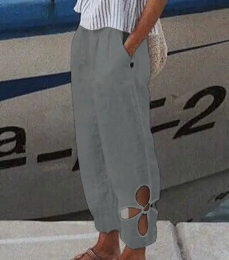 Women's light summer pants with elastic waistband, gathered ankle, and flower-shaped cutout StylebySassy