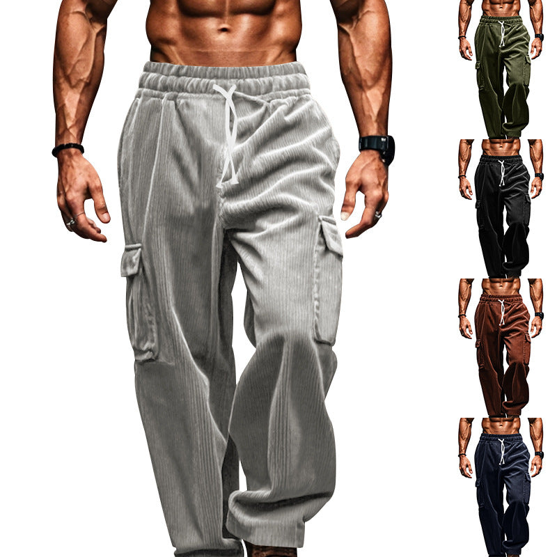 Men's oversized corduroy cargo pants with elastic drawstring waistband and multiple pockets StylebySassy