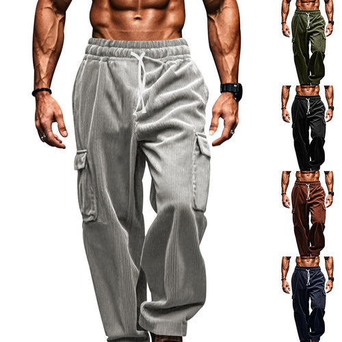 Men's oversized corduroy cargo pants with elastic drawstring waistband and multiple pockets StylebySassy