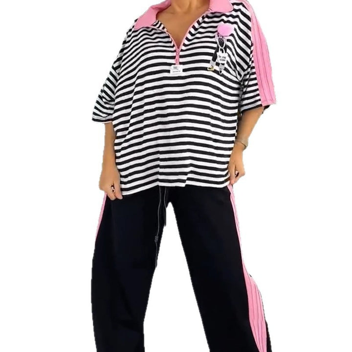 Women's casual two-piece polo lounge set with oversized stripes, pompom application, and contrasting side panels StylebySassy