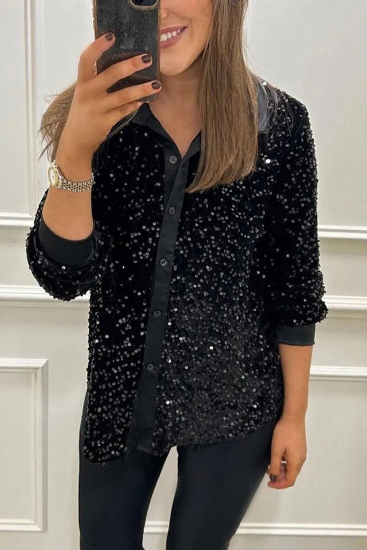 Women's shimmering sequin shirt blouse with collar, button placket, and elastic cuffs StylebySassy