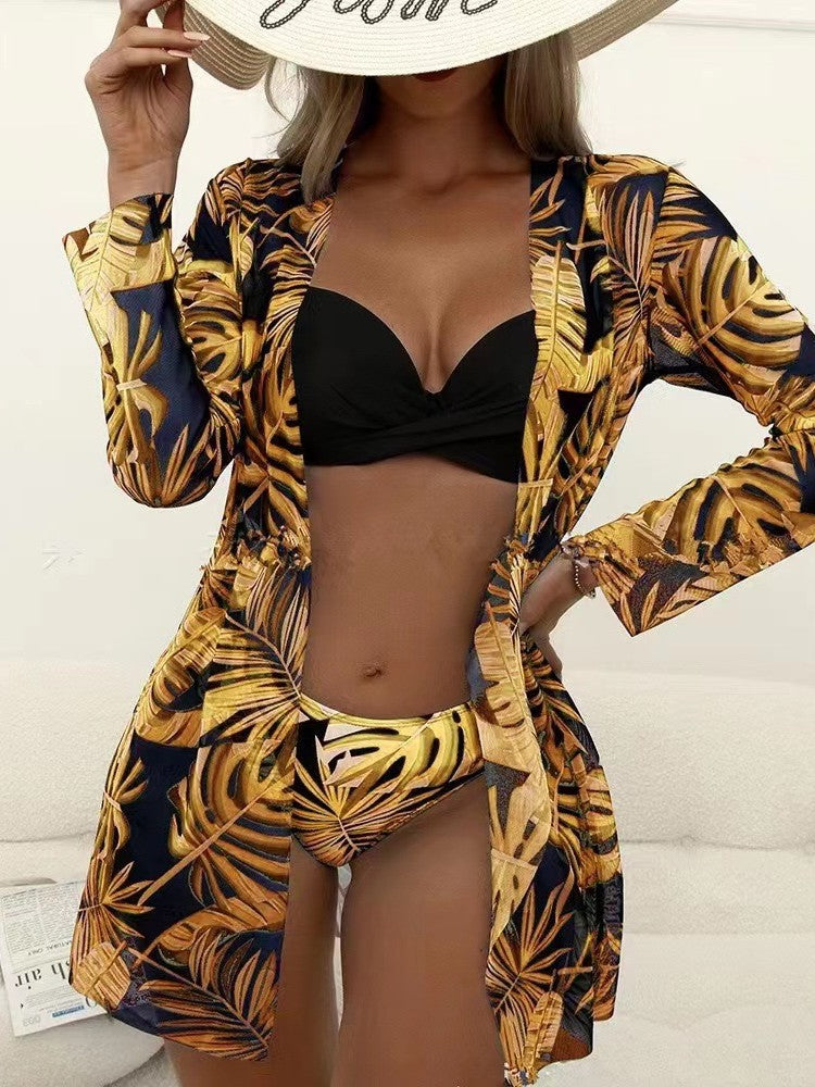 Women's beach bikini with floral embellishments and elegant kimono StylebySassy