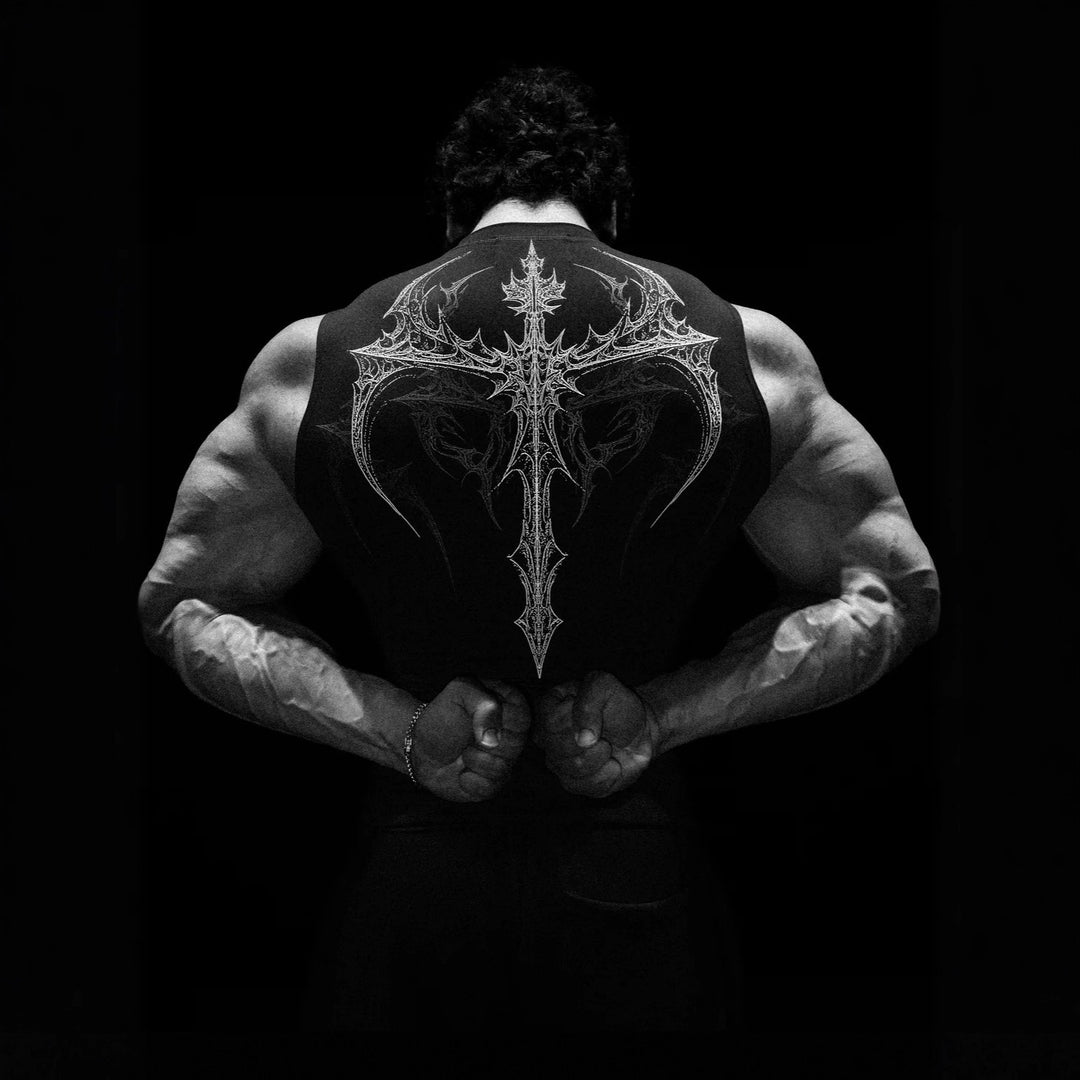 Men's form-fitting training tank top with deep armholes and intricate back print StylebySassy