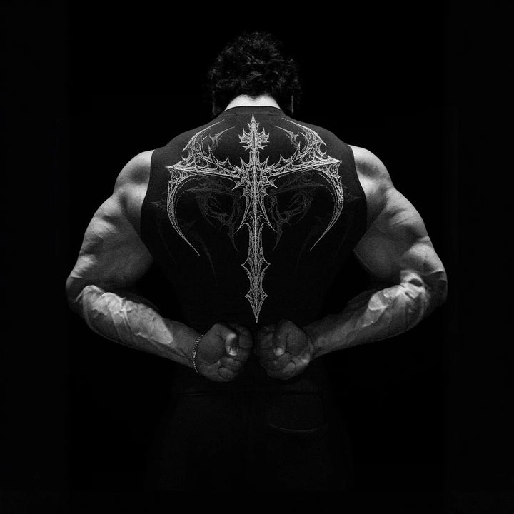 Men's form-fitting training tank top with deep armholes and intricate back print StylebySassy