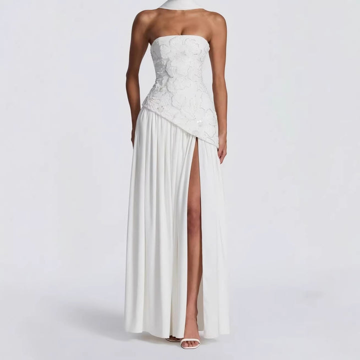 Ladies Strapless Evening Dress with Side Slit and Floral Appliqués StylebySassy