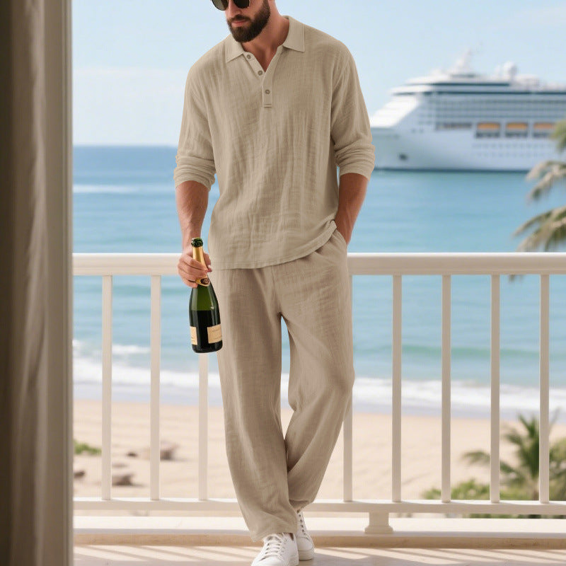 Men's relaxed cotton muslin resort set with polo collar button placket and wide comfort waistband StylebySassy