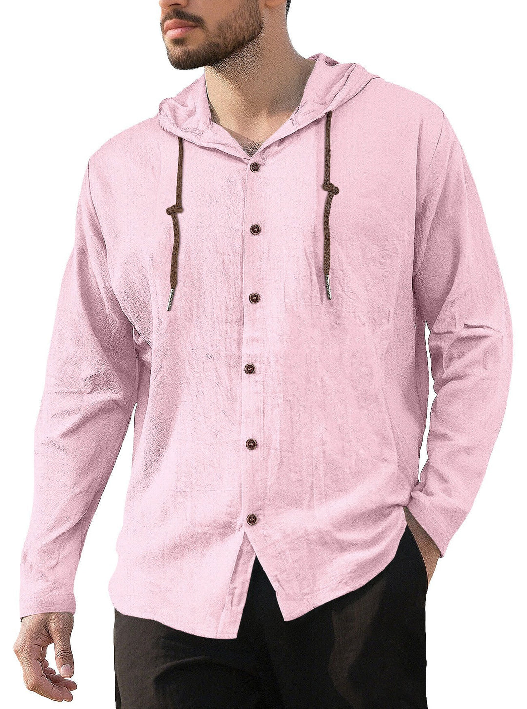 Men's hooded shirt in linen look with button placket and drawstring StylebySassy