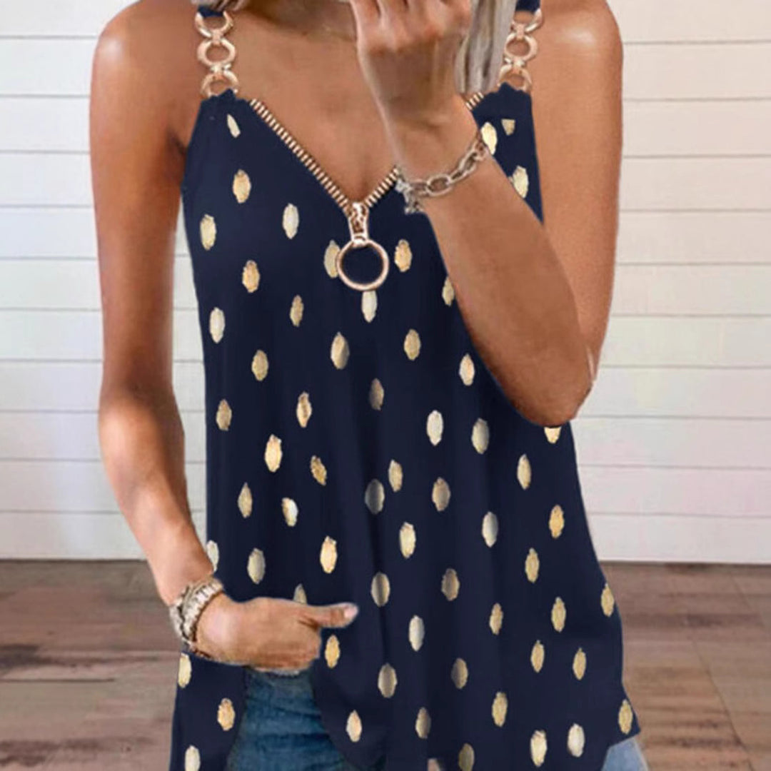 Women's lightweight tank top with O-ring zipper, chain strap detail, and metallic dots StylebySassy