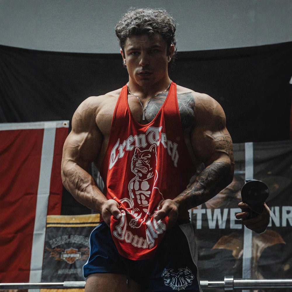Men's form-fitting fitness tank top with bulldog graphic and extra deep armholes StylebySassy