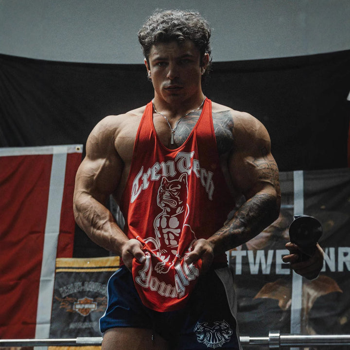 Men's form-fitting fitness tank top with bulldog graphic and extra deep armholes StylebySassy