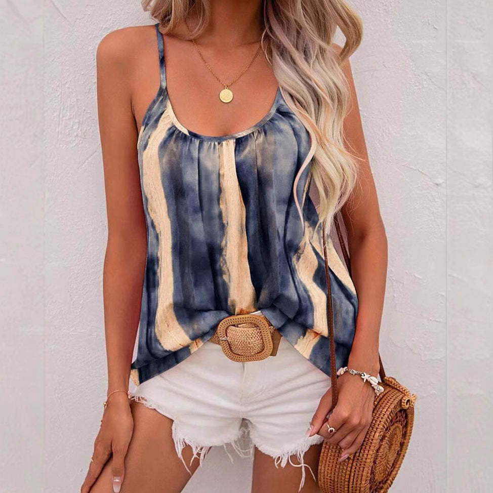 Women’s airy batik spaghetti strap top with U neckline, gathering and A-line cut StylebySassy