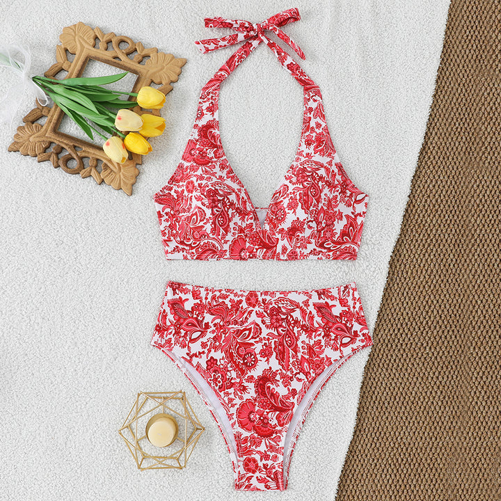 Women's High-Waisted Bikini Set with Floral Design and Playful Halter Top StylebySassy