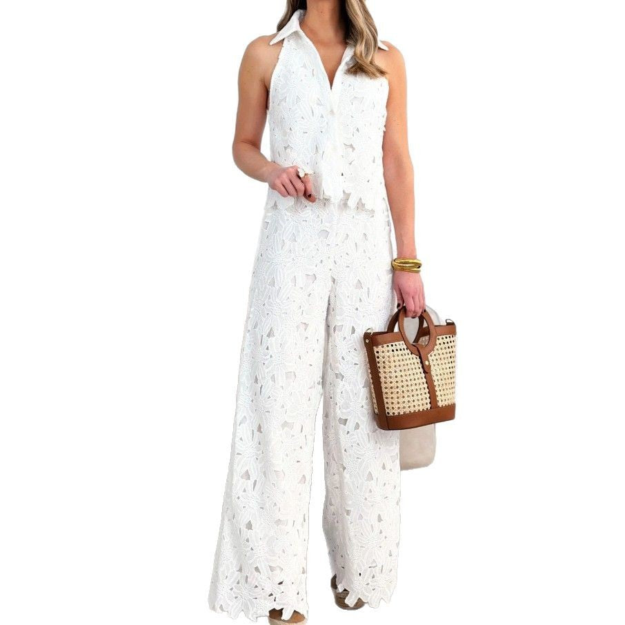 Ladies' airy lace two-piece with shirt collar and wide leg StylebySassy
