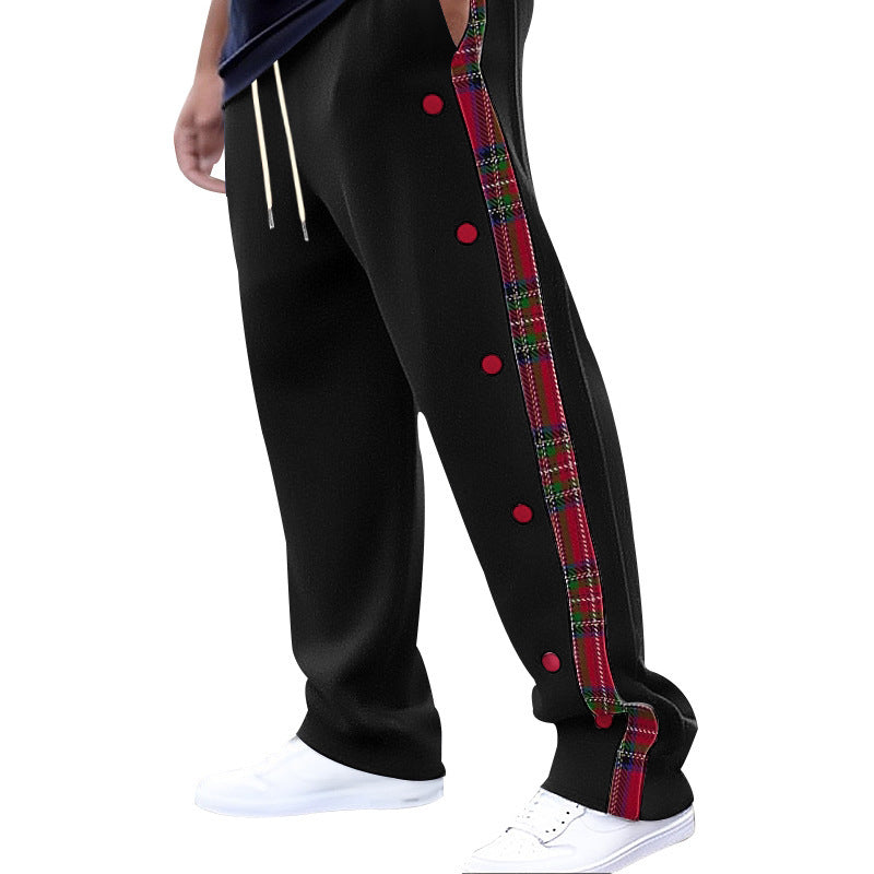 Men's casual jogging pants with checkered side piping, snap button placket, and ankle slits StylebySassy