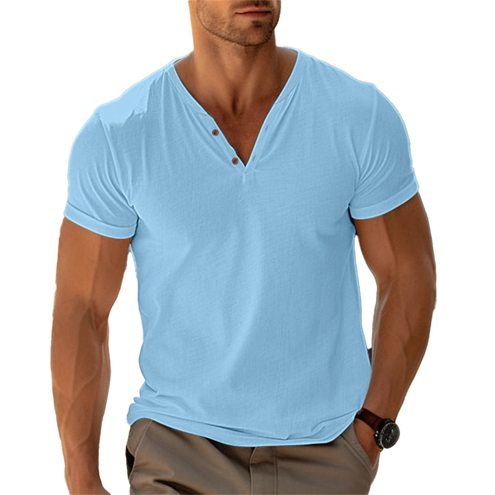 Men's fitted Henley T-shirt with V-neck, short button placket and roll-up sleeves StylebySassy