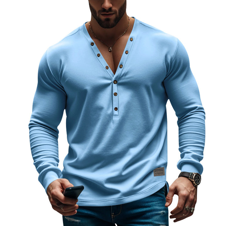 Men's tailored long-sleeve Henley shirt with deep V-neck and reinforced placket StylebySassy
