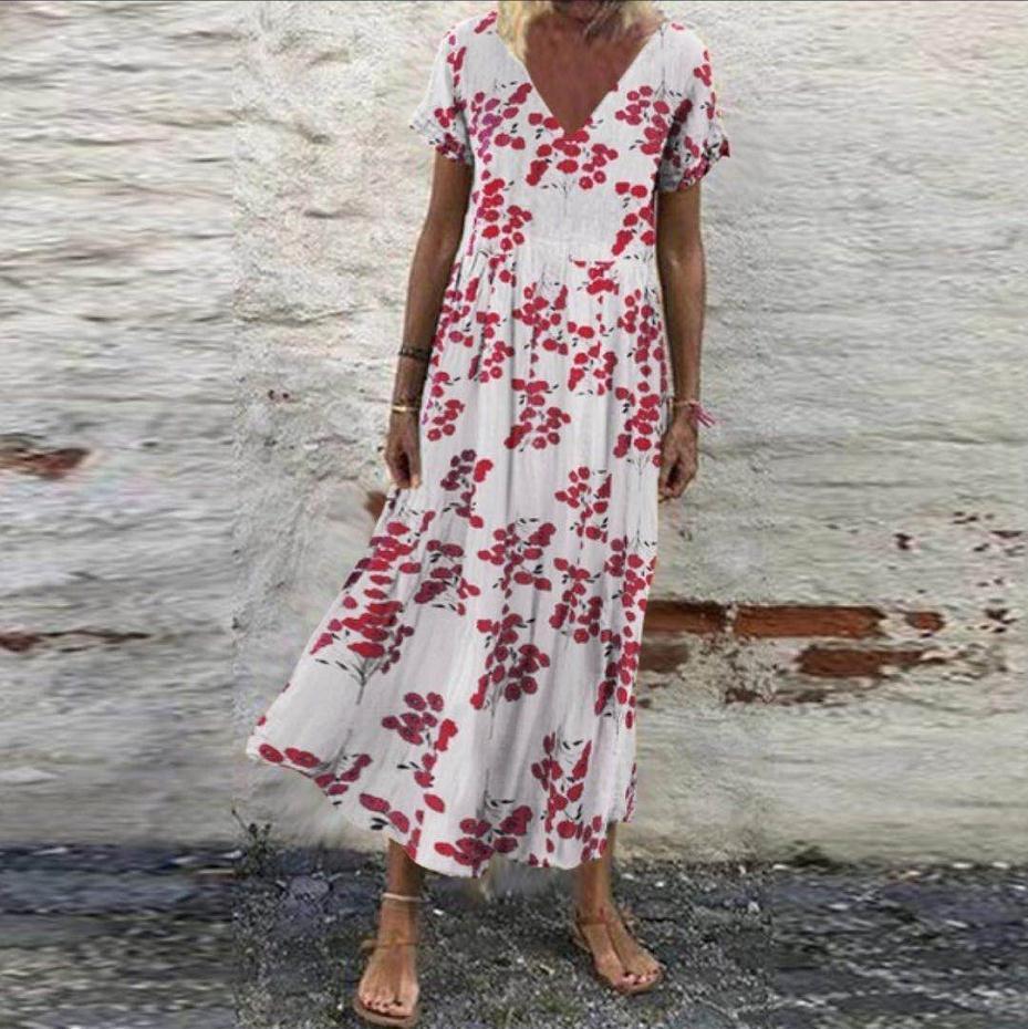 Women’s V-neck maxi dress with fine pleated skirt, empire bodice and short sleeves StylebySassy