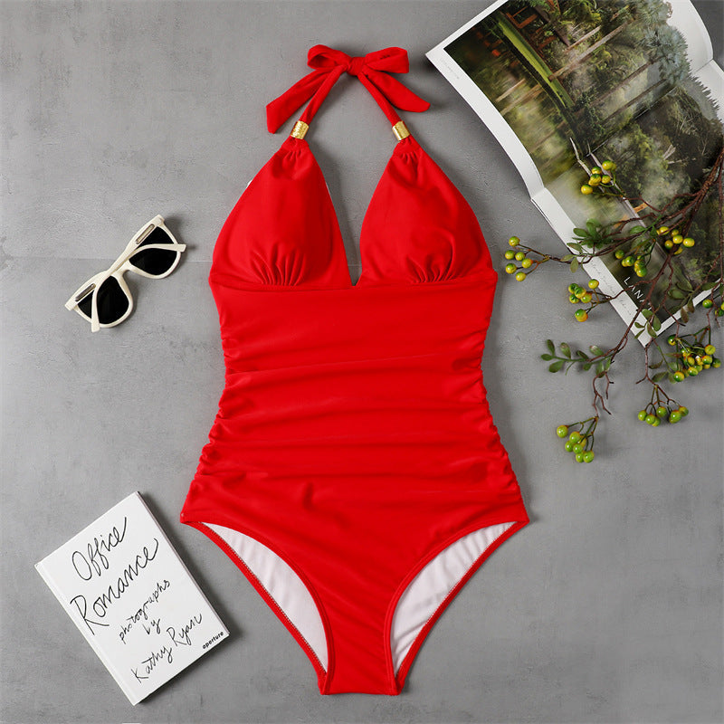 Women's One-Piece Swimsuit with Deep V-Neck and Refined Ruffles
