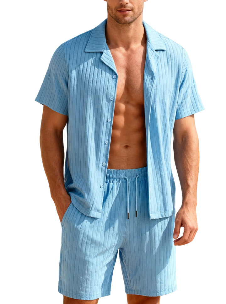 Men's ribbed fine knit lounge set with short sleeve lapel shirt and drawstring shorts StylebySassy