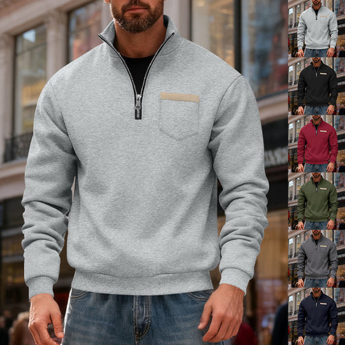 Men's nan sweatshirt with half zipper, stand-up collar, and chest pocket StylebySassy