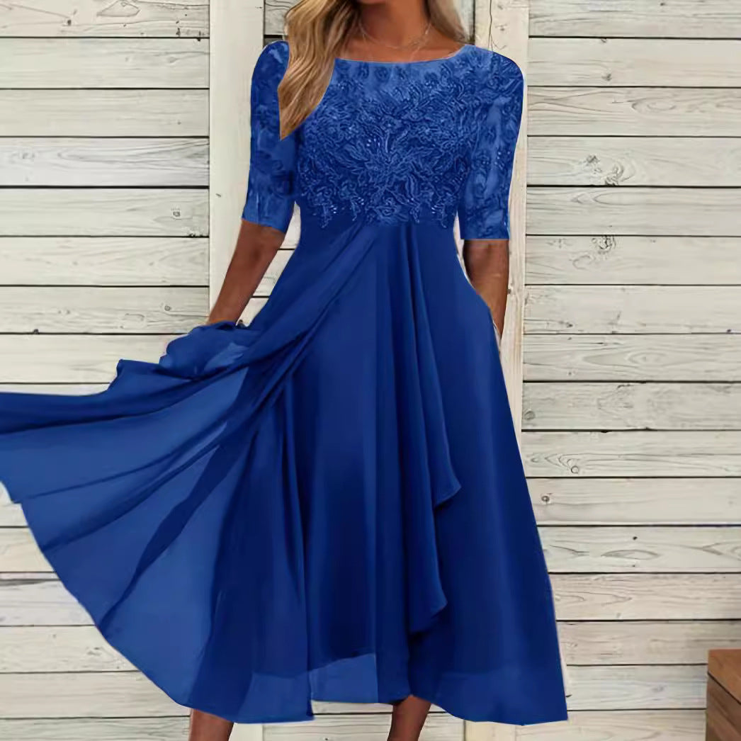 Ladies' elegant cocktail dress with embroidered corset, boat neckline and flowing chiffon skirt StylebySassy