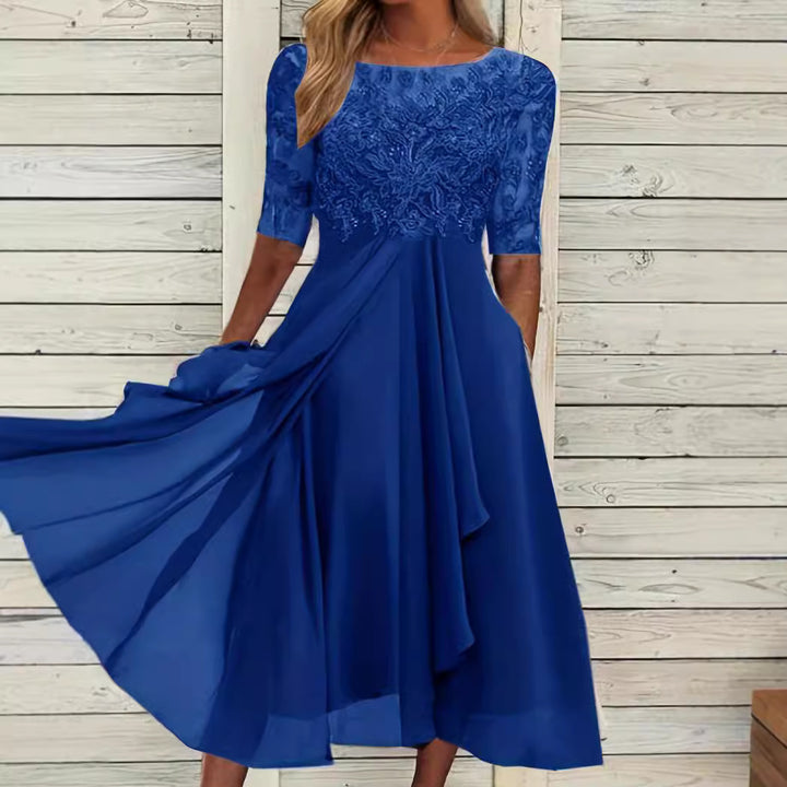 Ladies' elegant cocktail dress with embroidered corset, boat neckline and flowing chiffon skirt StylebySassy