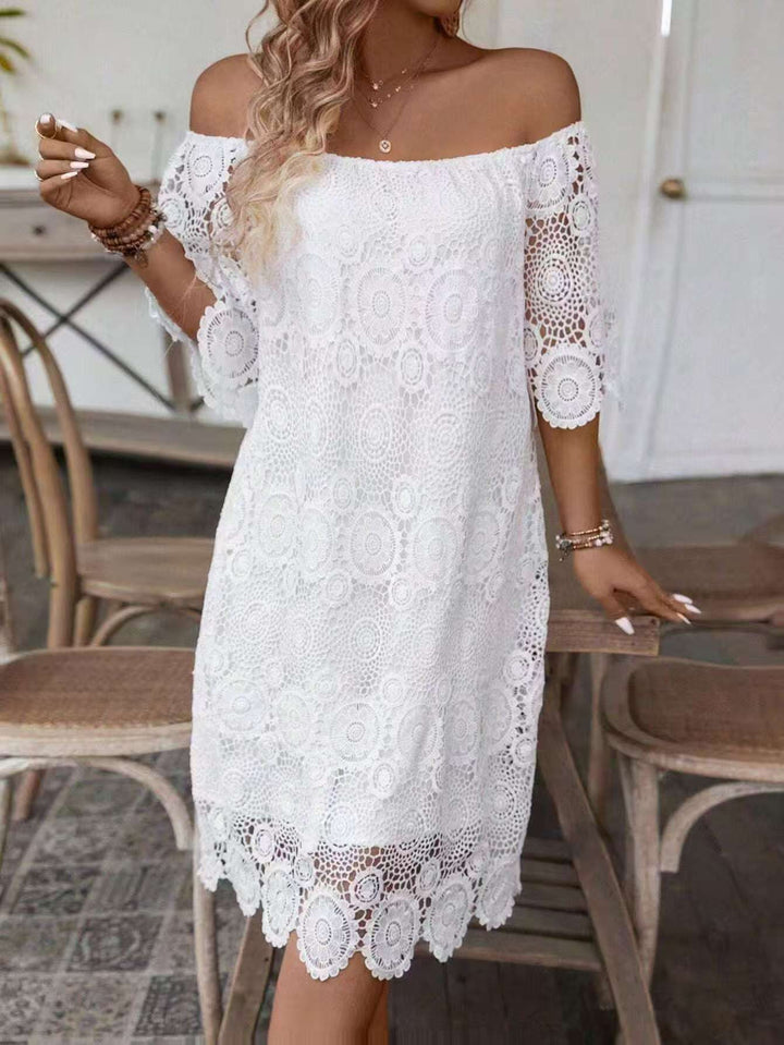 Women's off-shoulder crochet midi dress with sweetheart neckline and floral lace trim StylebySassy