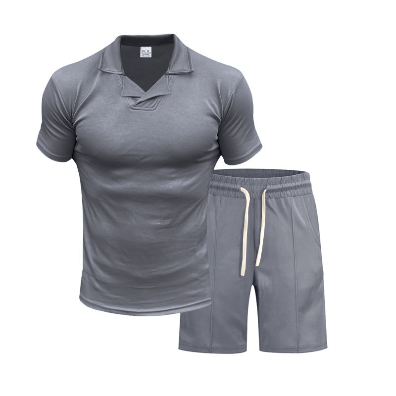 Men's short-sleeved polo lounge set with V-insert at the collar and drawstring bermuda StylebySassy