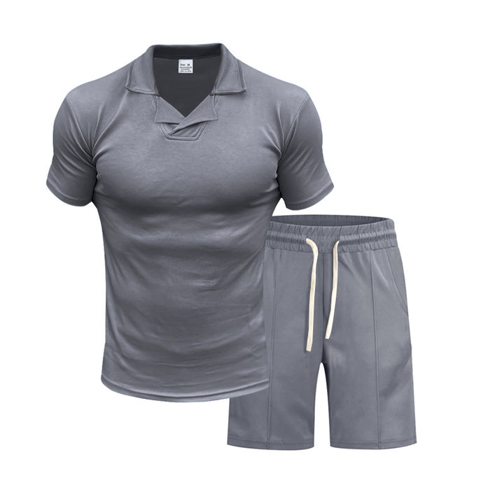 Men's short-sleeved polo lounge set with V-insert at the collar and drawstring bermuda StylebySassy