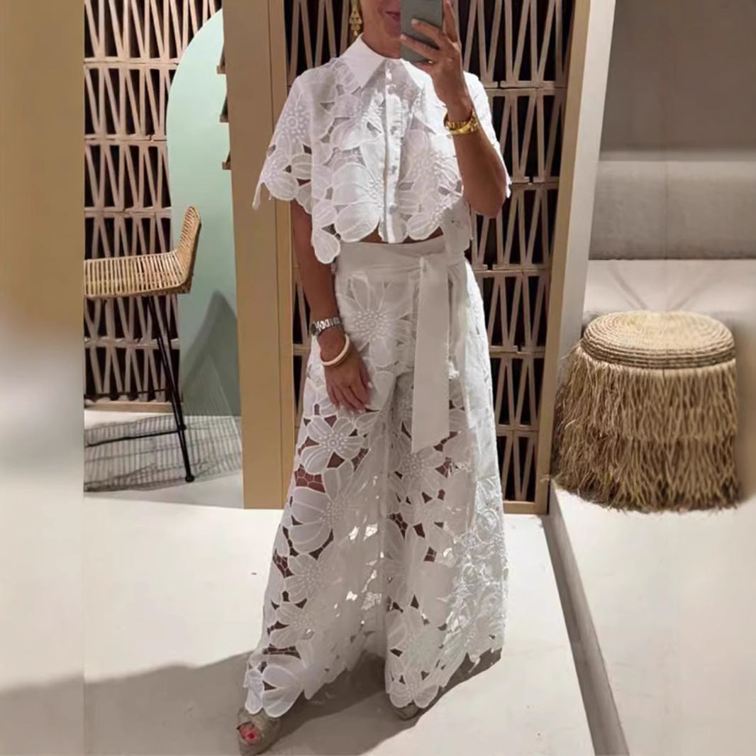 Ladies two-piece lace ensemble with crop top and wide palazzo pants StylebySassy