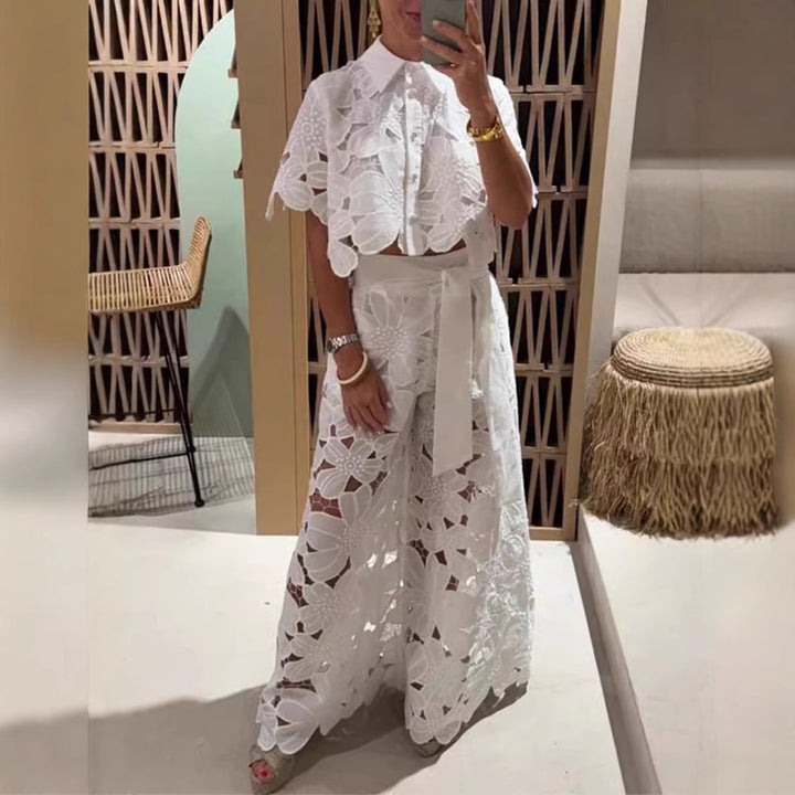 Ladies two-piece lace ensemble with crop top and wide palazzo pants StylebySassy