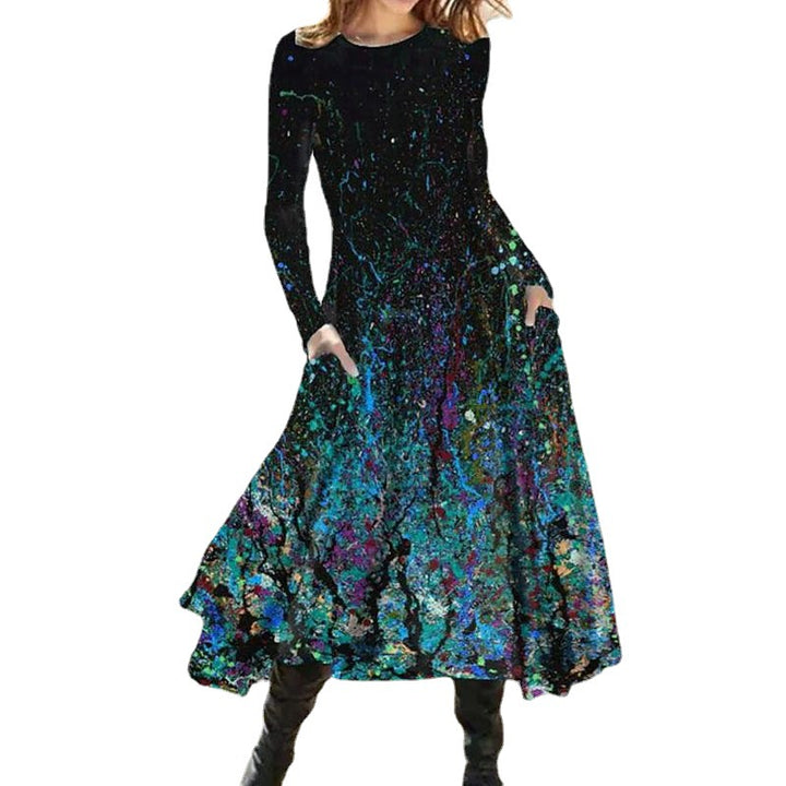 Women's A-line midi dress with abstract spray pattern, round neckline, long sleeves and side pockets StylebySassy