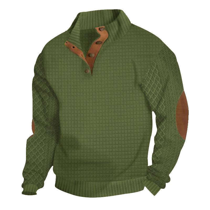 Men's Half-button Stand-up Collar Sweater with Honeycomb Structure and Leather Details StylebySassy