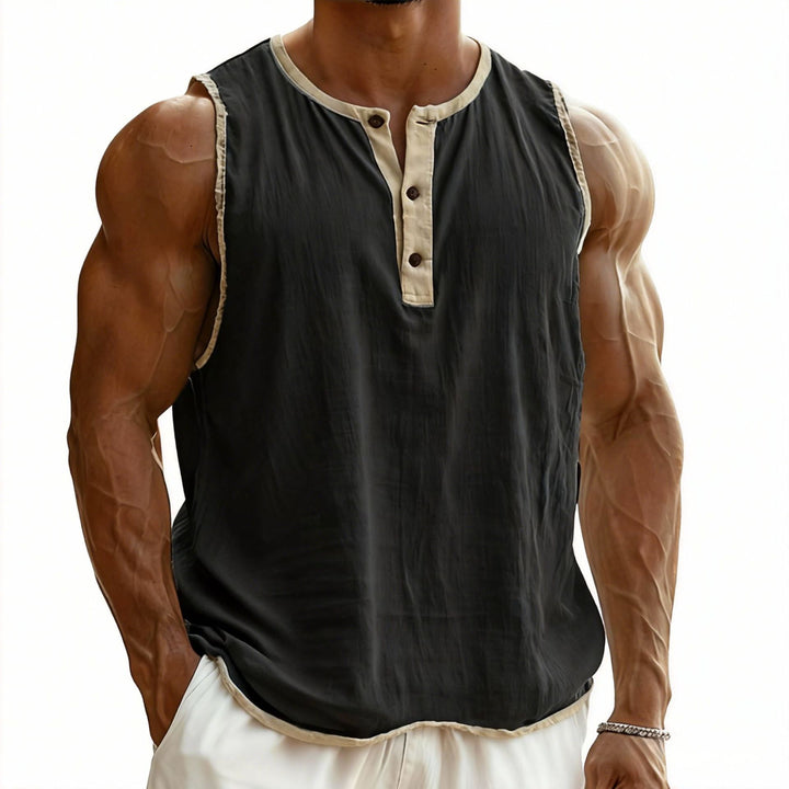 Men's sleeveless Henley muscle shirt with button placket and contrast trim StylebySassy