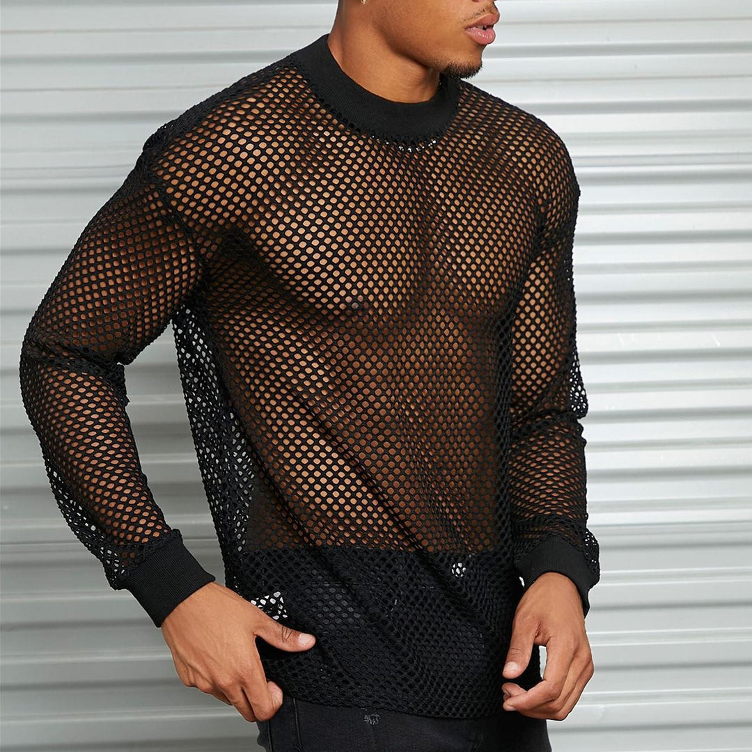 Men's transparent mesh long sleeve shirt with round neck and ribbed cuffs StylebySassy