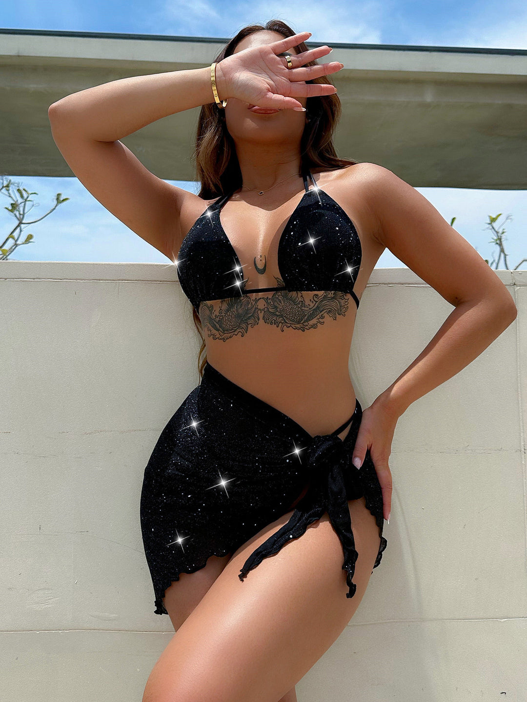 Women's Glamorous Bathing Bikini with Glittering Top and Playful Wrap Skirt StylebySassy
