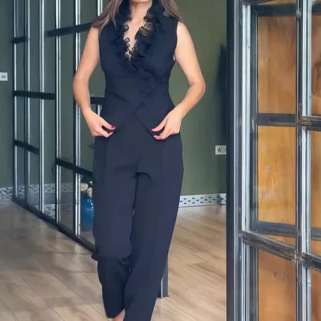 Women's sleeveless vest set with ruffled lace collar and high-cut pleated trousers in suit style StylebySassy