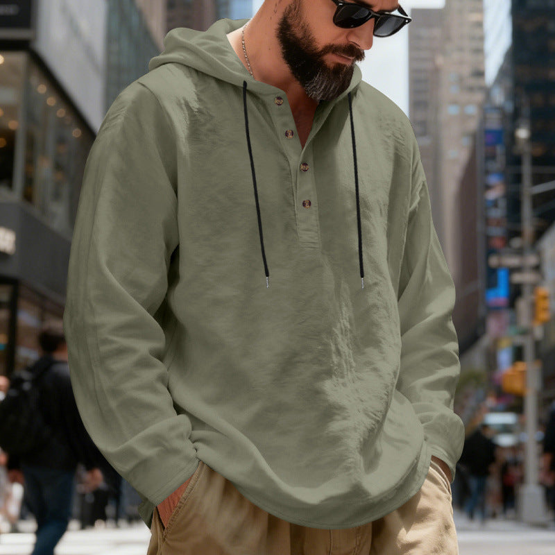 Men's lightweight hooded shirt with button placket made of linen blend and relaxed fit StylebySassy