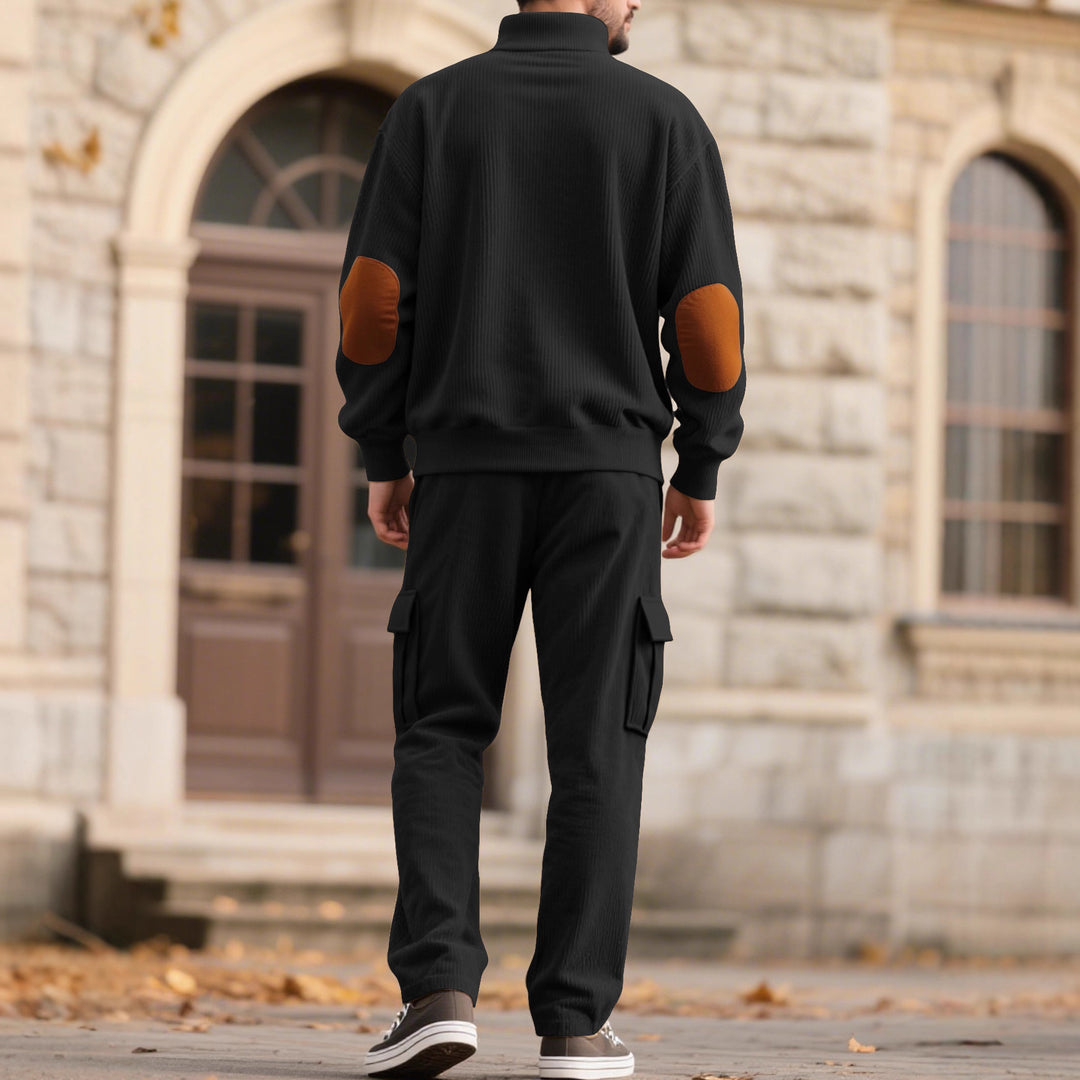 Men's structured turtleneck pullover with stand-up collar, press stud placket, and velour elbow patches StylebySassy
